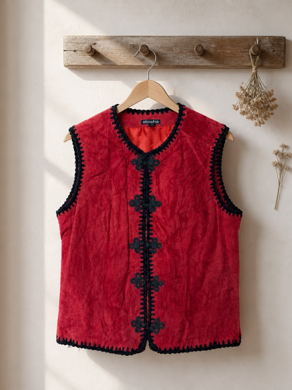 Red Velvet Sleeveless Tunic Vest with Black Trim by